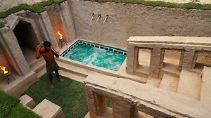 Building a hidden underground retreat with primitive tools: multi-level pool & waterfall