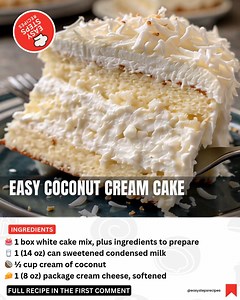 Easy Coconut Cream Cake Recipe This light and fluffy coconut cake is soaked in a sweet cream and topped with toasted coconut for a truly dreamy dessert! 🥥 Ingredients: For the Cake 🎂 1 box white cake mix, plus ingredients to prepare For the Coconut Soak 🥛 1 (14 oz) can sweetened condensed milk 🥥 ½ cup cream of coconut For the Frosting 🧀 1 (8 oz) package cream cheese, softened 🥛 ½ cup milk 🍬 1 cup powdered sugar ☁️ 1 (8 oz) container frozen whipped topping, thawed For the Topping 🥥 1 cup 