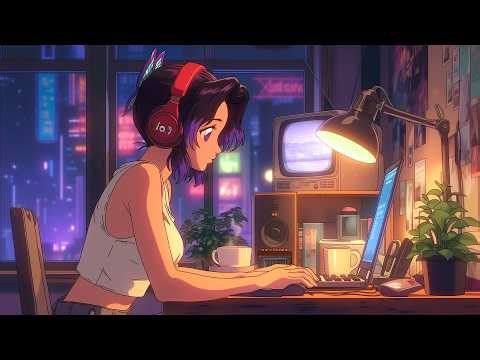 Rainy Neon Night 🌧️ Cozy Anime Lofi Girl Coding Under City Lights [LoFi Hip Hop]