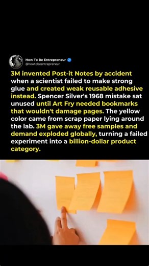 How To Be Entrepreneur on Instagram: "3M’s billion-dollar icon started as a mistake. In 1968, scientist Spencer Silver tried to make a super-strong glue and accidentally created a weak, reusable adhesive no one knew what to do with. It sat on a shelf for years until Art Fry needed a bookmark that wouldn’t damage pages. The first notes were yellow only because the lab had scrap paper lying around. 3M handed out free samples, demand exploded, and a failed experiment became one of the most profitab