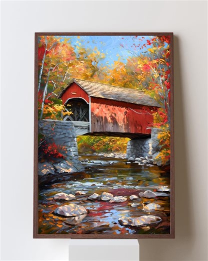 New Hampshire Covered Bridge Wall Art – Kancamagus Highway Autumn Print, New England Fall Foliage Painting, Rustic Country Landscape Decor - Etsy