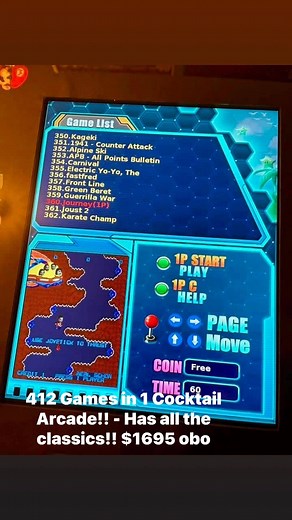 412 in 1 cocktail table arcade game for sale. Plays all the classics...