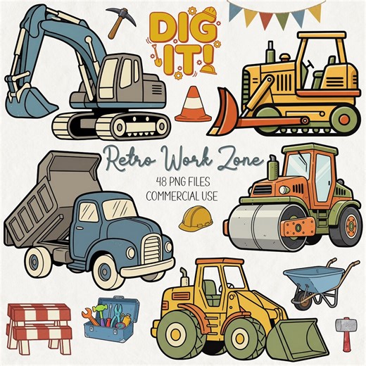 Retro Construction Clipart Bundle, Vintage Work Zone Builder Birthday PNG Graphics, Commercial Use - Etsy