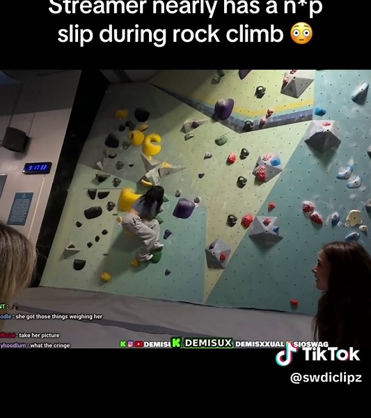 Streamer Almost Faces Slip During Rock Climbing