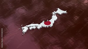 3D map of Japan moving on a red textured floor. The country's area features the Japan flag texture with a luma matte effect. 3d rendering