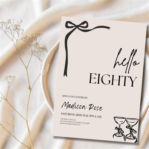Hello Eighty Birthday Invitation Template, Editable Hello Eighty Invite, Minimalist 80th Invite, 80th Bow Invite, Elegant Invite, Any Age - Etsy