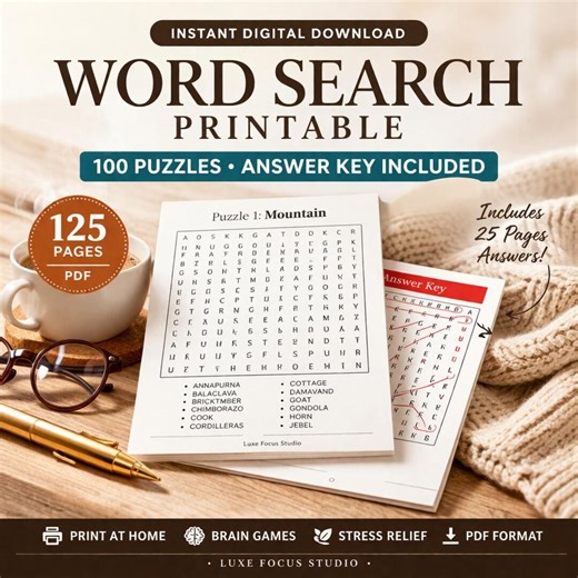Word Search Printable – 100 Word Search Puzzles With Answer Key – Brain Games for Adults – Printable Activity Book - Etsy