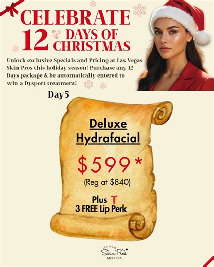 Frank Stile on Instagram: "🎄 𝗗𝗮𝘆 𝟱 𝗼𝗳 𝟭𝟮 𝗗𝗮𝘆𝘀 𝗼𝗳 𝗖𝗵𝗿𝗶𝘀𝘁𝗺𝗮𝘀 Deeply cleanse and hydrate. ✨ 𝗗𝗲𝗹𝘂𝘅𝗲 𝗛𝘆𝗱𝗿𝗮𝗳𝗮𝗰𝗶𝗮𝗹 3-Treatment Package for $𝟱𝟵𝟵* (Reg $850) 🎁 Plus 3 FREE Lip Perks Instant glow with lasting hydration. 📞 𝟳𝟬𝟮-𝟵𝟰𝟬-𝟵𝟵𝟮𝟱 | 🌐 𝗟𝗮𝘀𝗩𝗲𝗴𝗮𝘀𝗦𝗸𝗶𝗻𝗣𝗿𝗼𝘀.𝗰𝗼𝗺 Financing available through Cherry & Pay Now. Treat Later. Offer Valid: 𝟭𝟮.𝟭𝟬.𝟮𝟱 – 𝟭𝟮.𝟯𝟭.𝟮𝟬𝟮𝟱. *𝗥𝗲𝘀𝘁𝗿𝗶𝗰𝘁𝗶𝗼𝗻𝘀 𝗮𝗽𝗽𝗹𝘆."