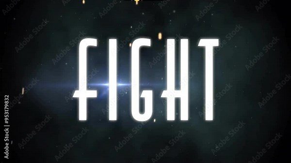 Fight text animation over dark space background with light streaks
