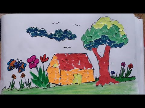 Craft from paper//draw a beautiful house from tearing and pasting paper