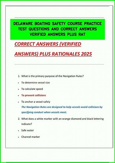 DELAWARE BOATING SAFETY COURSE PRACTICE TEST QUESTIONS AND CORRECT ANSWERS VERIFIED ANSWERS PLUS RAT