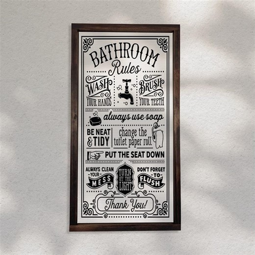 Bathroom Rules — Ornate Bathroom Signs, Vintage & Retro Bathroom Wall Decor, Cute Washroom Home Signs, Custom Framed Canvas Signs - Etsy
