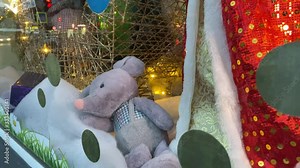 Christmas retail window display decorated with Ded Moroz, New Year lights, toys and ornaments.