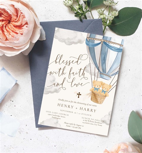 Twins Christening Printable Invitation Template: Blue Teddy Bear Hot Air Balloon, Boy Baptism - Etsy
