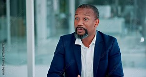 African businessman, interview and discussion of resume in office, employment and feedback on job application. Hr manager, recruitment and talent acquisition and professional development in company