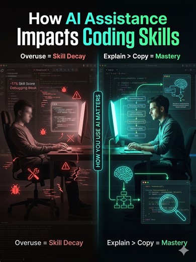 AI Assistance and the Erosion of Coding Mastery. Anthropic chỉ ra việc lạm dụng AI làm giảm khả năng phát triển kỹ năng lập trình. Nhóm dùng AI đạt điểm kiểm tra thấp hơn 17%, đặc biệt ở mảng gỡ lỗi. Tuy nhiên, việc sử dụng AI để giải thích khái niệm thay vì phó mặc hoàn toàn sẽ giúp duy trì sự hiểu biết và làm chủ mã nguồn. #coding #fyp #xuhuong #kynguyenai #ai #skills #claudecode #vibecoding