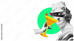 Hand serving delicious sweet and sour cocktail to antique statue bust over white background. Stop motion, animation. Concept of party, surrealism, alcohol drinks. Pop art. Noise, grainy effect Stock Video