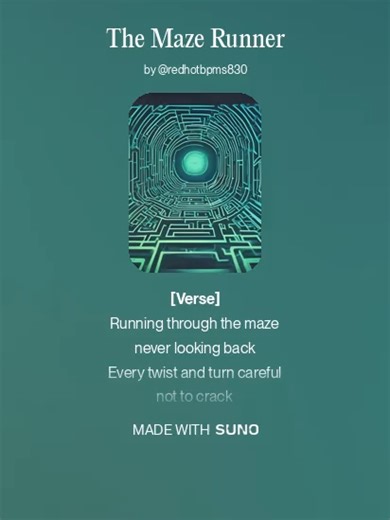The Maze Runner electrifying, rock [Verse] Running through the maze never looking back Every twist and turn careful not to crack Dark shadows chasing breathing down my neck Heart's pounding louder ready for the trek [Verse 2] Walls surrounding high built to trap us all Voices in the distance can you hear the call Minutes turning hours nights become the day Lost inside this puzzle trying to find my way [Chorus] Maze runner maze runner fearless through the dark Every step every jump leaving a mark