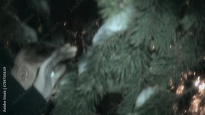 Scared alien standing in dark forest at night and covering his face with hands while someone shining at him with a flashlight. Whip zoom, shaky camera shot