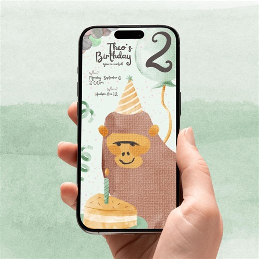 Monkey Birthday Invitation Editable Digital Invite Template, Kids 1st 2nd Animal Party Cake Download - Etsy