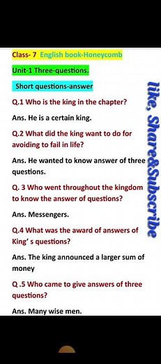 short questions-answer of ch-1 Three questions class-7/Honeycomb