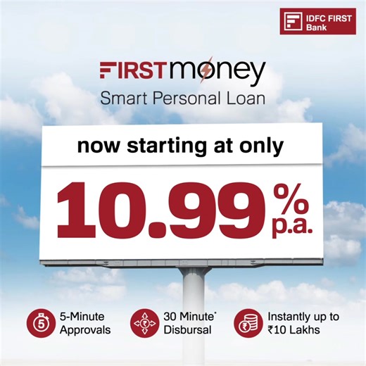 Quick, easy & affordable! Get a personal loan starting at just 9.99% p.a. with IDFC FIRST BANK's FIRSTMoney Smart Personal Loan. Apply now! | IDFC FIRST Bank