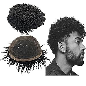 Afro Curl Dreadlock Toupee for Black Men African Braids hair pieces Mens Replacement System Black Lace Hairpiece Real Human Hair Breathable Lace Hair System (10x8, #1 Jet Black)