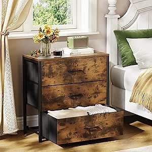 Memobarco Nightstand, End Table, Bedside Table, Small Tall Dresser for Bedroom with 3 Storage Drawer, Chest of Drawers Fabric Dressers with Steel Frame, Wooden Top & Front for Living Room