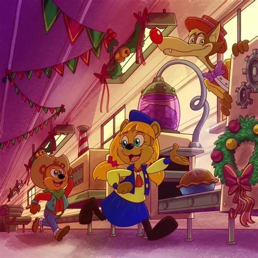 Day 17 of our Kooky-vent Calendar! The Gobblebeary Pie Factory has been festively decorated, and both Buddy and Gigi have been having a fun romp around the place! Red Nosed Nelson is also poking around for some Gobblebeary pie! Art by @BigHugeFrog Support @wondermation's Ko-fi and become a monthly member to see the original WIP sketch to this! ko-fi.com/i/IX8X817LCXH #KookyTrails #holiday #Christmas #adventcalendar #indieanimation #Gobblebeary #pie #BearyTales #Bears #Beary #Bear