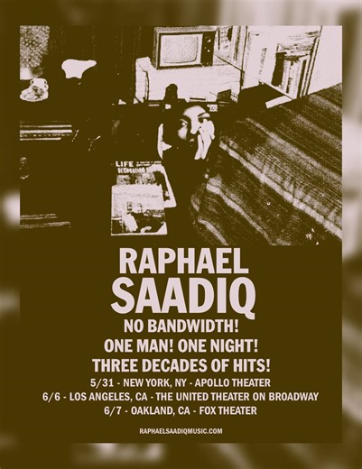 No Bandwidth! One Man!�One Night! Three Decades of Hits! ON SALE NOW 🎟️ See you soon in New York, Los Angeles, and Oakland https://raphaelsaadiqmusic.com/ | Raphael Saadiq