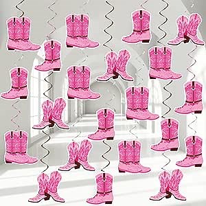 60Pcs Western Cowgirl Themed Party Hanging Swirls Pink Boot Hanging Swirls Decorations Western Cowgirl Boot Banner for Retro Baby Shower Cowboy Birthday Favors Supplies