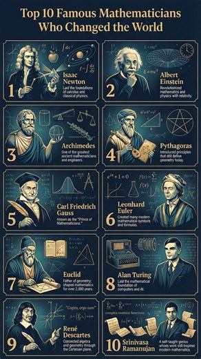 Top 10 Famous Mathematicians Who Changed the World Mathematics is the language of the universe and these brilliant minds used it to reshape science, technology, and human understanding forever 👇 1️⃣ Isaac Newton – Laid the foundations of calculus and classical physics 2️⃣ Albert Einstein – Revolutionized mathematics and physics with relativity 3️⃣ Archimedes – One of the greatest ancient mathematicians and engineers 4️⃣ Pythagoras – Introduced principles that still define geometry today 5️⃣ Car