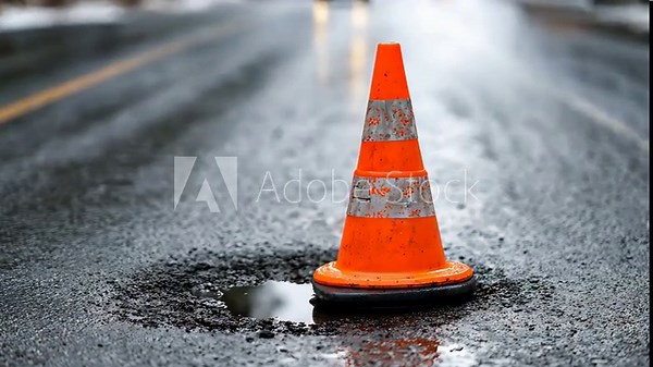 Traffic cone in a pothole filled with water on a damaged road surface, 4k video