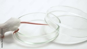 White laboratory mouse on the table in the laboratory. On a white background. The mouse is used for experiments, drug tests, scientific research. Concept - animal testing, medical research