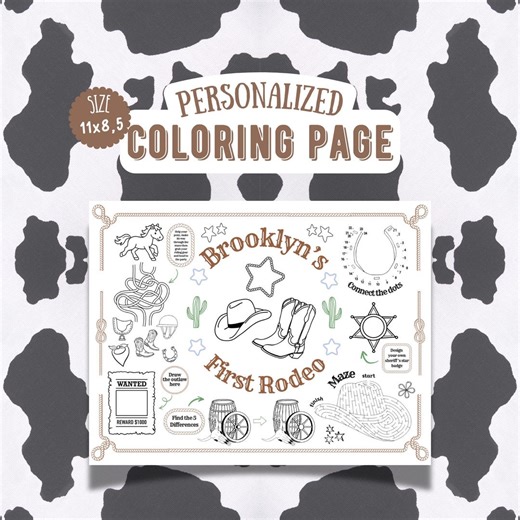 Cowboy Birthday Coloring Page, First Rodeo Boy Party Placemat, Personalized, Western, Printable - Etsy