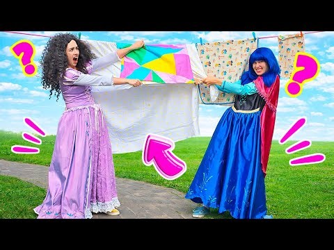 The princesses wash and dry their doll's clothes in a toy washing machine.