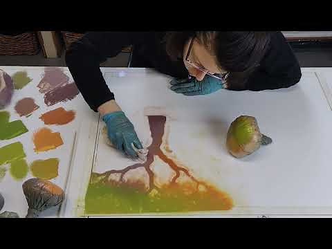 Multi-colour monotype monoprint garden composition with paper stencils