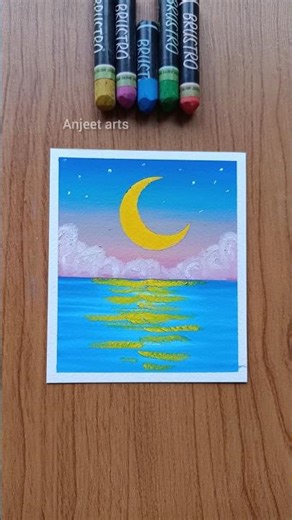 Easy Moonlight Sea Scenery | Oil Pastel For Beginners #shorts