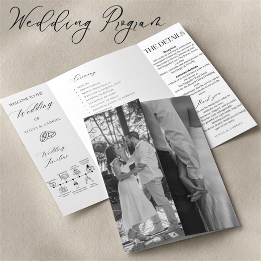 Wedding Program Template,photo Gatefold Wedding Program Template, Editable Canva Folded Wedding Trifold Program,minimal Wedding Details Card - Etsy