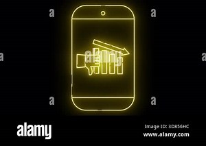 Neon smartphone outline down trend chart with thumbs down icon on screen black background