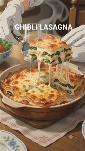 Ghibli styel Spinach Lasagna | Cheese Pull + Bechamel 🧀 ASMR #aishorts
