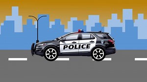 Download Police Car Animation Driving in City Street with Urban Skyline for free