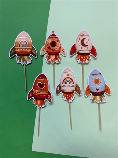 Boho Rocket Ship Cupcake Toppers, Rocket Ship Birthday Cake Decorations - Etsy