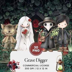 Grave Digger Halloween Watercolor Clipart