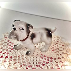 English Bulldog Miniature Figurine - Black & White Dog Antique Japan Porcelain