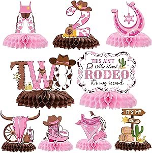 Gameza This Ain't My First Rodeo It's My Second Birthday Party Decorations, 9PCS Cowgirl 2nd Birthday Honeycomb Centerpieces Table Decorations, Western Rodeo Theme 2 Years Old Bday Decor for Girls