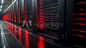 Flashing red lights indicating activity in data center server racks
