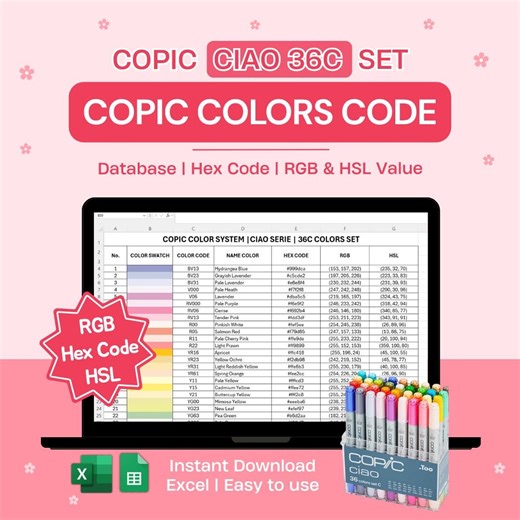 Copic Color Code Chart 36C Colors | Ciao Set | Excel Database HEX RGB HSL Value