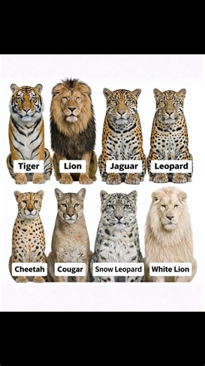 🦁🐯 The World’s Big Cats – Essential Overview 🐆❄️ Big cats stand out for their strength, agility, and ability to adapt to very different environments. Although they belong to the same family, each species has distinct traits. 1️⃣ Tiger The tiger is the largest big cat. Solitary and discreet, it is known for its unique stripes and strong swimming ability. 2️⃣ Lion The only big cat that lives in groups. The lion represents collective strength, and the mane is a sign of dominance and social struc
