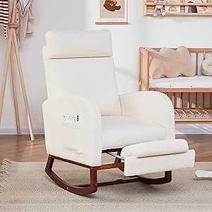 Nursery Rocking Chairs with Foot Rest, Rocking Chair Nursery Chair with High Back, Glider Rocking Chair, Baby Nursery Glider Rocker, Nursing Chair Accent Living Room (Teddy White)